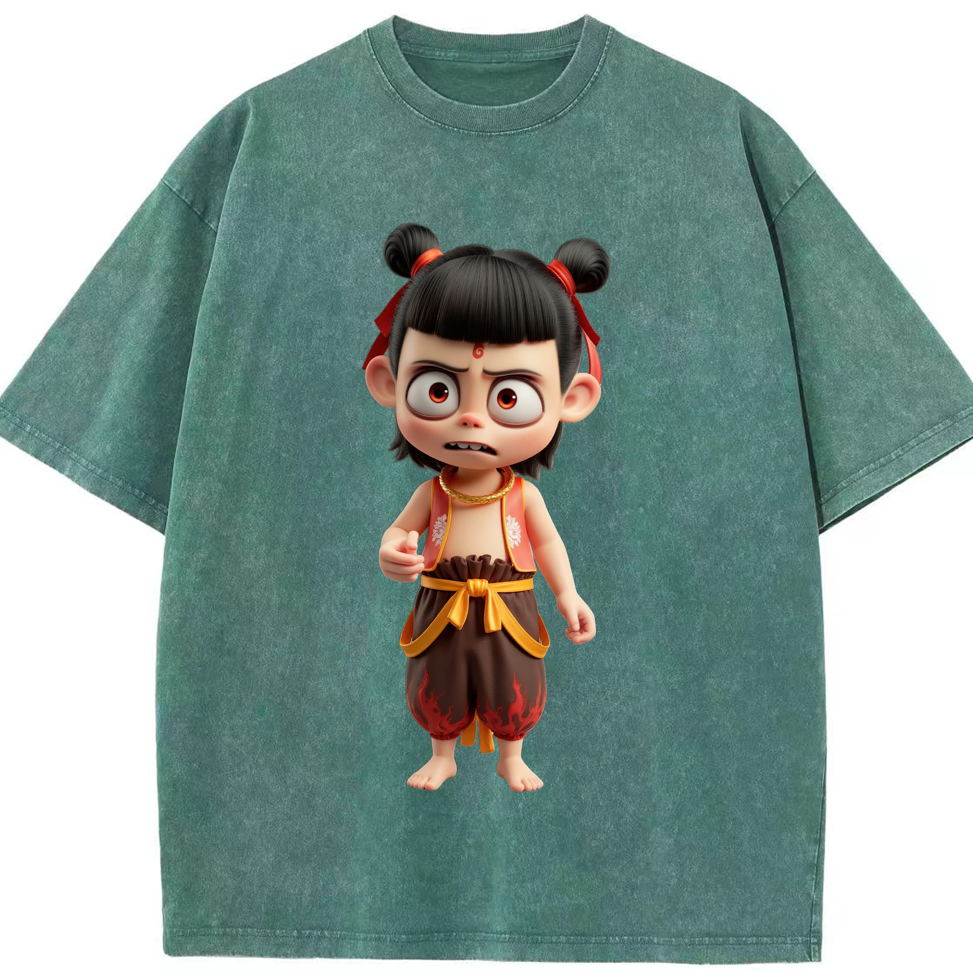 （画像用） Ne Zha 2 ナタ 魔童の大暴れ 綿100% ヴィンテージ風 半袖Tシャツ（フロントプリント）
